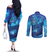Kuri New Zealand Matariki Couples Matching Off The Shoulder Long Sleeve Dress and Long Sleeve Button Shirt Aotearoa Dog Waka Maori New Year Galaxy Vibes