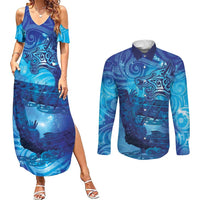 Kuri New Zealand Matariki Couples Matching Summer Maxi Dress and Long Sleeve Button Shirt Aotearoa Dog Waka Maori New Year Galaxy Vibes