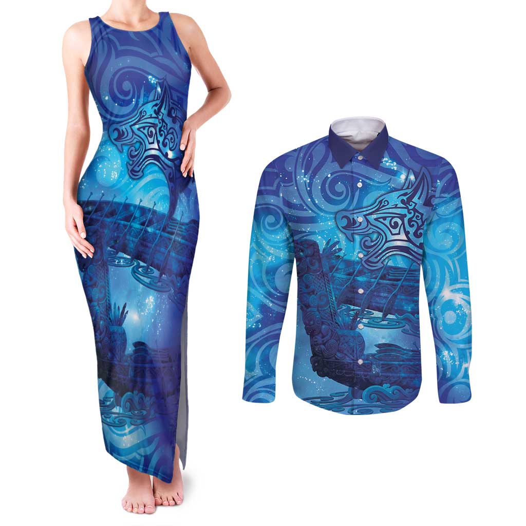 Kuri New Zealand Matariki Couples Matching Tank Maxi Dress and Long Sleeve Button Shirt Aotearoa Dog Waka Maori New Year Galaxy Vibes
