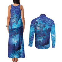 Kuri New Zealand Matariki Couples Matching Tank Maxi Dress and Long Sleeve Button Shirt Aotearoa Dog Waka Maori New Year Galaxy Vibes
