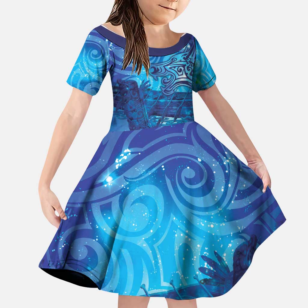 Kuri New Zealand Matariki Family Matching Long Sleeve Bodycon Dress and Hawaiian Shirt Aotearoa Dog Waka Maori New Year Galaxy Vibes LT14 Daughter's Dress Blue - Polynesian Pride