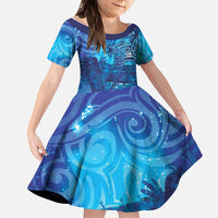 Kuri New Zealand Matariki Family Matching Long Sleeve Bodycon Dress and Hawaiian Shirt Aotearoa Dog Waka Maori New Year Galaxy Vibes LT14 Daughter's Dress Blue - Polynesian Pride