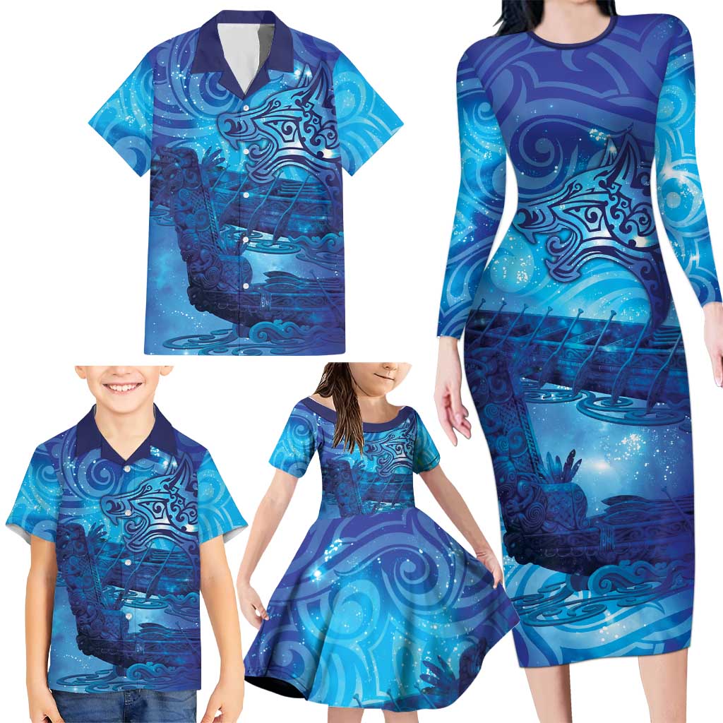 Kuri New Zealand Matariki Family Matching Long Sleeve Bodycon Dress and Hawaiian Shirt Aotearoa Dog Waka Maori New Year Galaxy Vibes LT14 - Polynesian Pride