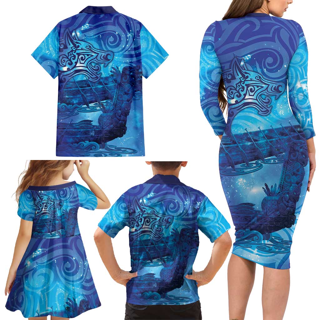 Kuri New Zealand Matariki Family Matching Long Sleeve Bodycon Dress and Hawaiian Shirt Aotearoa Dog Waka Maori New Year Galaxy Vibes LT14 - Polynesian Pride