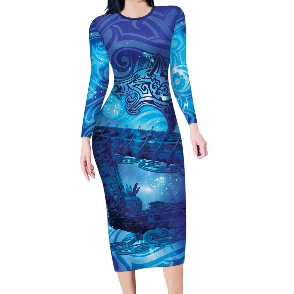 Kuri New Zealand Matariki Family Matching Long Sleeve Bodycon Dress and Hawaiian Shirt Aotearoa Dog Waka Maori New Year Galaxy Vibes LT14 Mom's Dress Blue - Polynesian Pride
