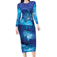 Kuri New Zealand Matariki Family Matching Long Sleeve Bodycon Dress and Hawaiian Shirt Aotearoa Dog Waka Maori New Year Galaxy Vibes LT14 Mom's Dress Blue - Polynesian Pride