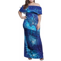 Kuri New Zealand Matariki Family Matching Off Shoulder Maxi Dress and Hawaiian Shirt Aotearoa Dog Waka Maori New Year Galaxy Vibes