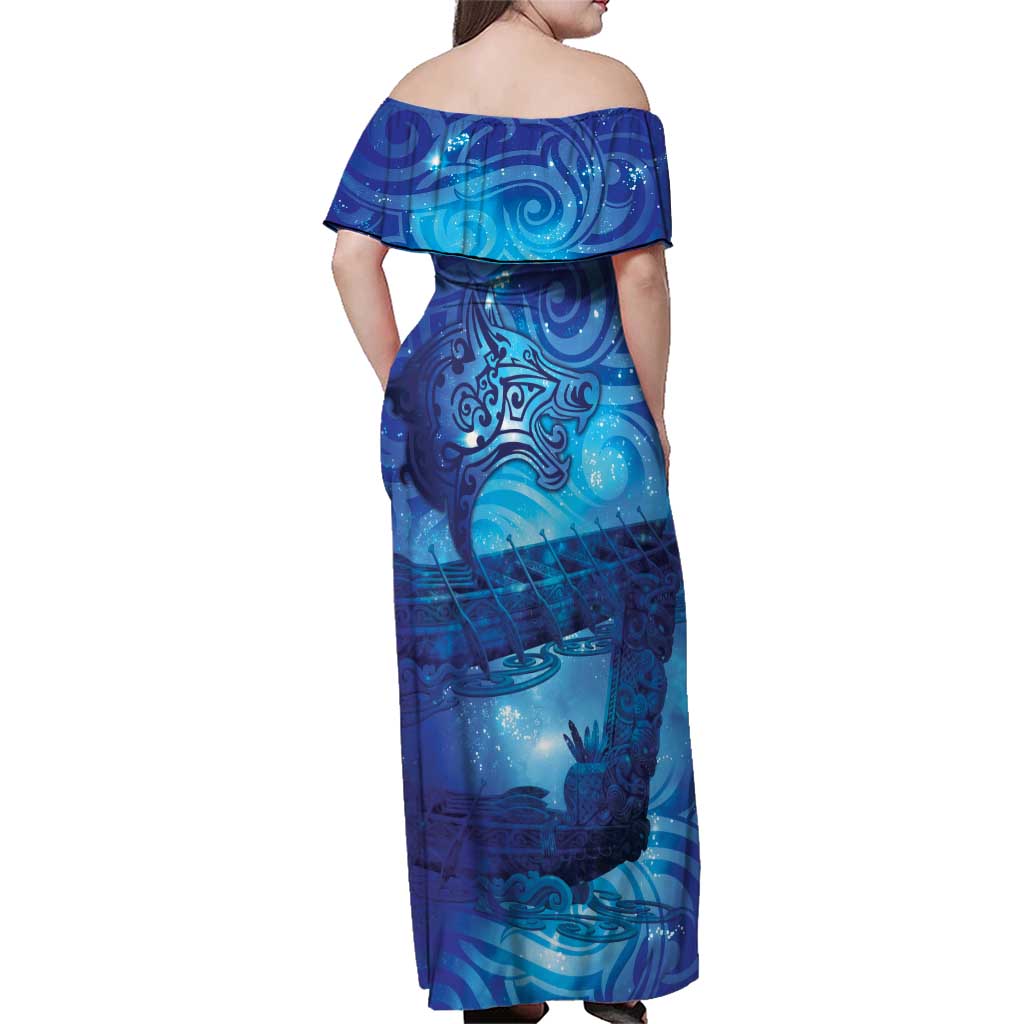 Kuri New Zealand Matariki Family Matching Off Shoulder Maxi Dress and Hawaiian Shirt Aotearoa Dog Waka Maori New Year Galaxy Vibes