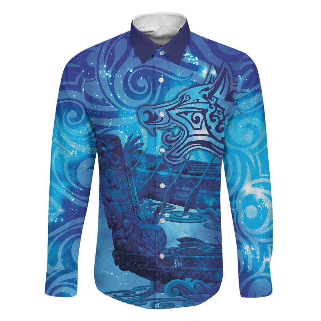 Kuri New Zealand Matariki Family Matching Puletasi and Hawaiian Shirt Aotearoa Dog Waka Maori New Year Galaxy Vibes LT14 Dad's Shirt - Long Sleeve Blue - Polynesian Pride