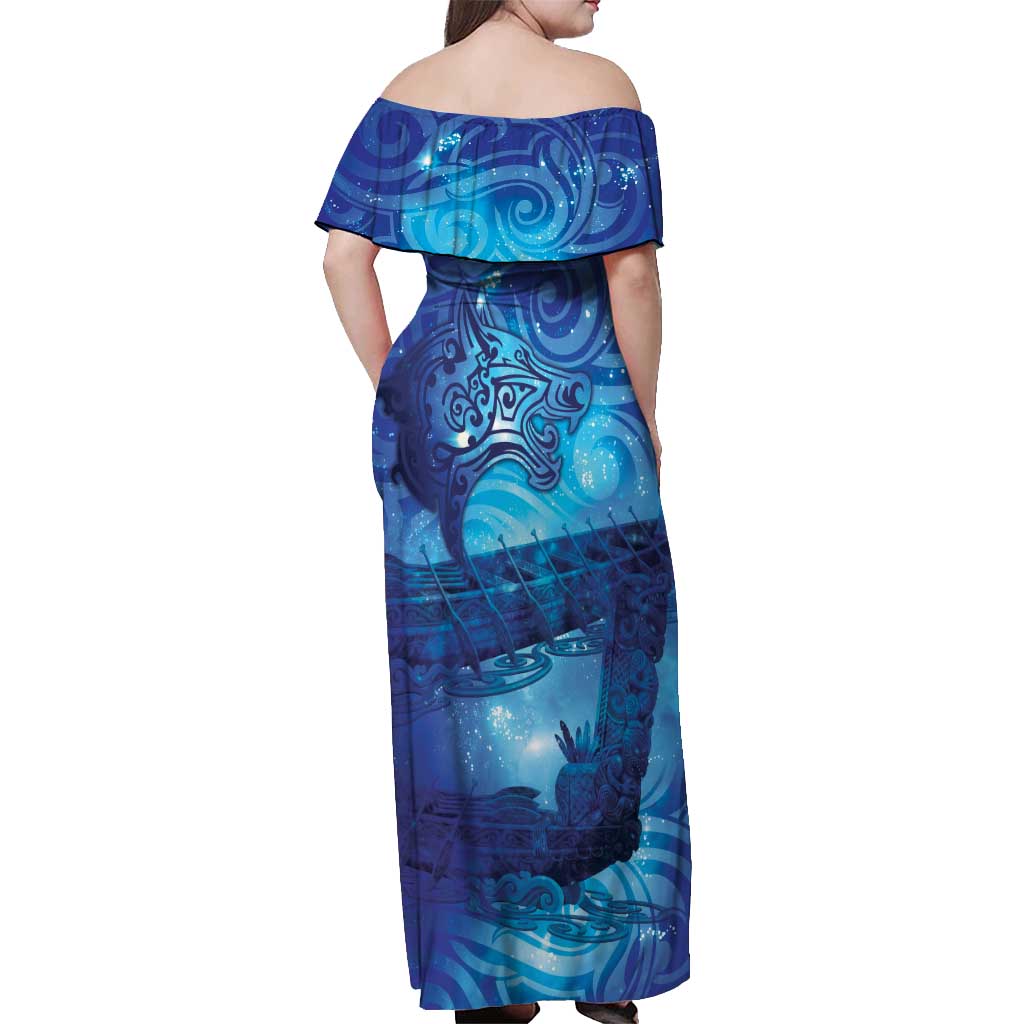 Kuri New Zealand Matariki Off Shoulder Maxi Dress Aotearoa Dog Waka Maori New Year Galaxy Vibes