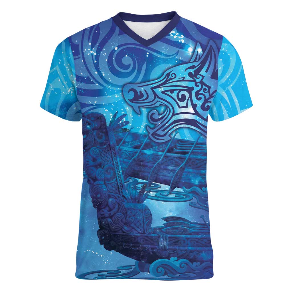 Kuri New Zealand Matariki Women V-Neck T-Shirt Aotearoa Dog Waka Maori New Year Galaxy Vibes