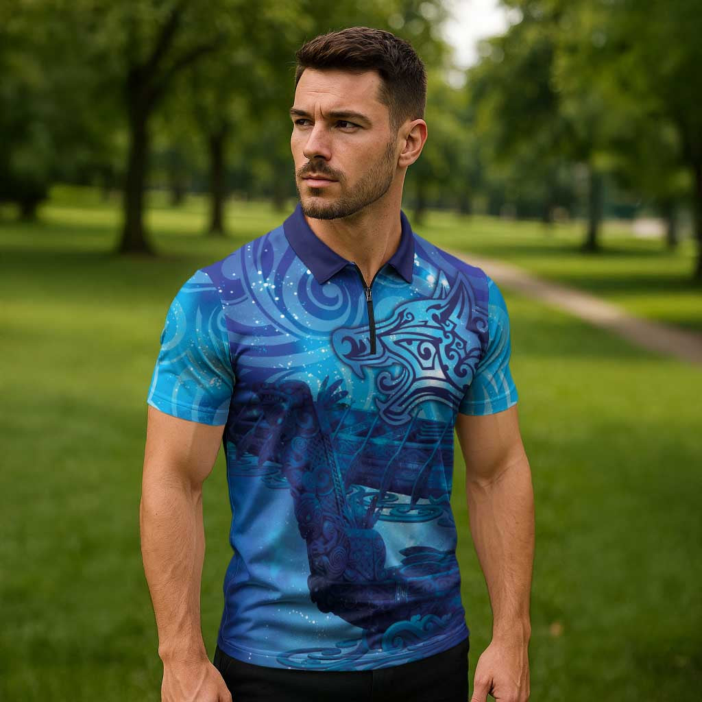 Kuri New Zealand Matariki Zipper Polo Shirt Aotearoa Dog Waka Maori New Year Galaxy Vibes