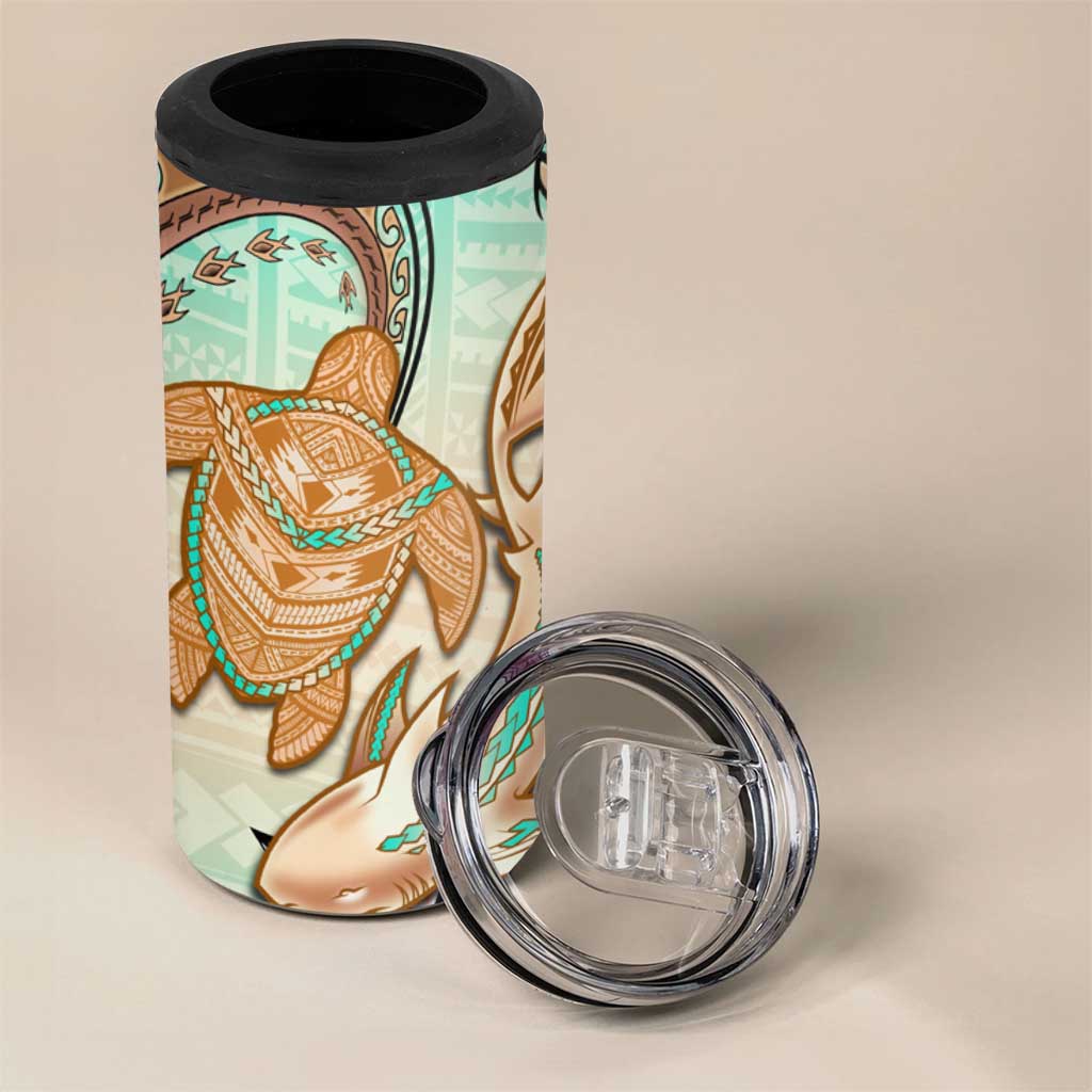 Hawaii 4 in 1 Can Cooler Tumbler Polynesian Shark and Sea Turtle Dreamy Turquoise Artsy