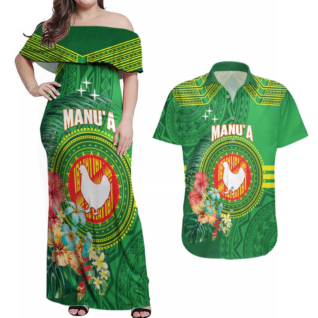 Personalized Manu'a Cession Day Couples Matching Off Shoulder Maxi Dress and Hawaiian Shirt Tropical Flowers With Polynesian Pattern