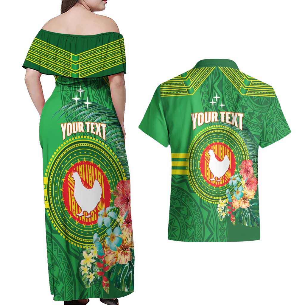 Personalized Manu'a Cession Day Couples Matching Off Shoulder Maxi Dress and Hawaiian Shirt Tropical Flowers With Polynesian Pattern