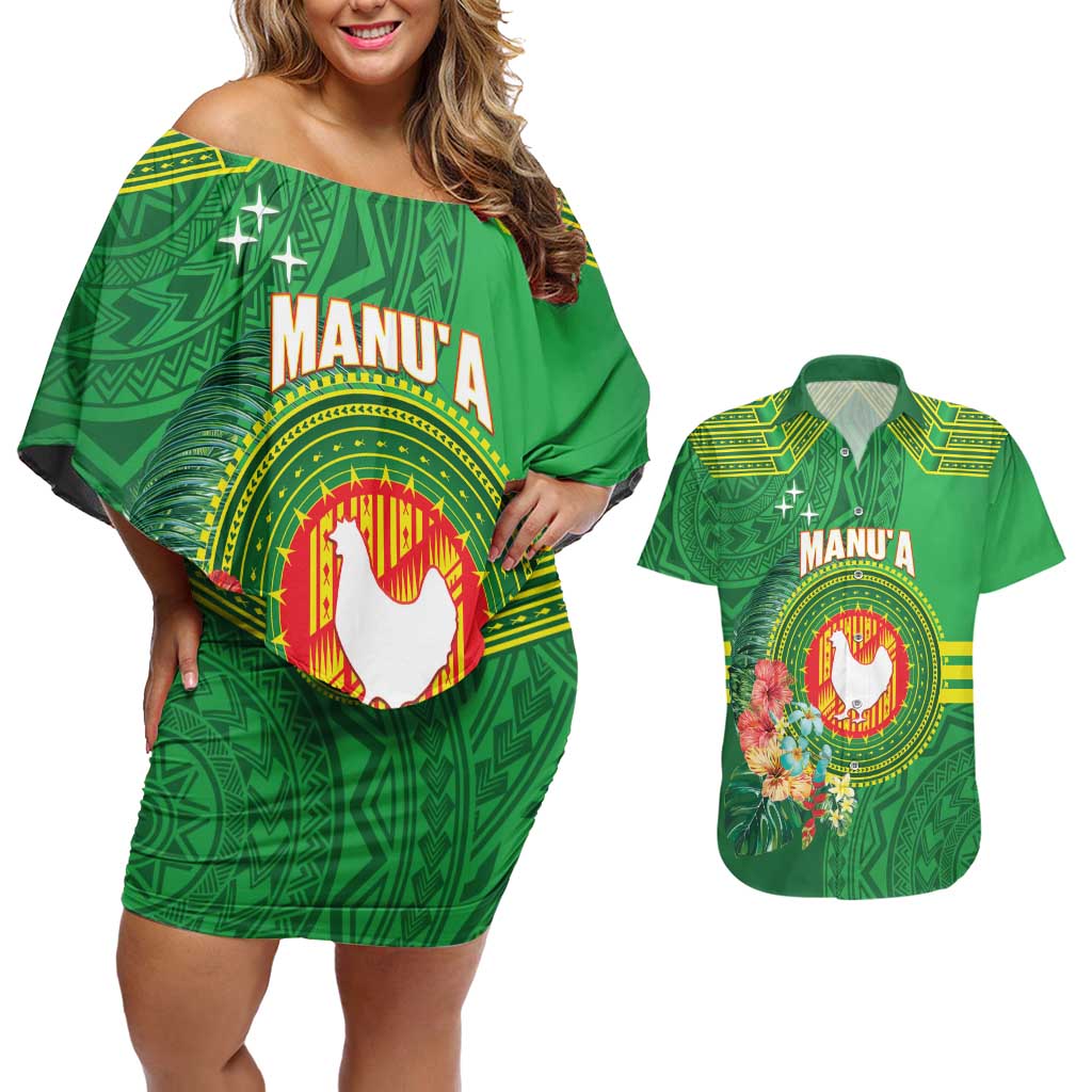 Personalized Manu'a Cession Day Couples Matching Off Shoulder Short Dress and Hawaiian Shirt Tropical Flowers With Polynesian Pattern