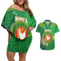 Personalized Manu'a Cession Day Couples Matching Off Shoulder Short Dress and Hawaiian Shirt Tropical Flowers With Polynesian Pattern