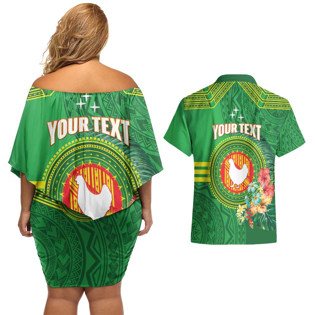 Personalized Manu'a Cession Day Couples Matching Off Shoulder Short Dress and Hawaiian Shirt Tropical Flowers With Polynesian Pattern
