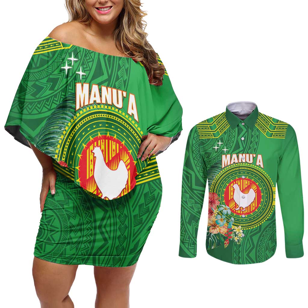 Personalized Manu'a Cession Day Couples Matching Off Shoulder Short Dress and Long Sleeve Button Shirt Tropical Flowers With Polynesian Pattern