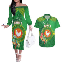 Personalized Manu'a Cession Day Couples Matching Off The Shoulder Long Sleeve Dress and Hawaiian Shirt Tropical Flowers With Polynesian Pattern