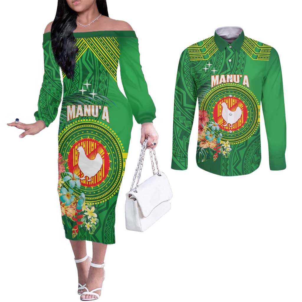 Personalized Manu'a Cession Day Couples Matching Off The Shoulder Long Sleeve Dress and Long Sleeve Button Shirt Tropical Flowers With Polynesian Pattern