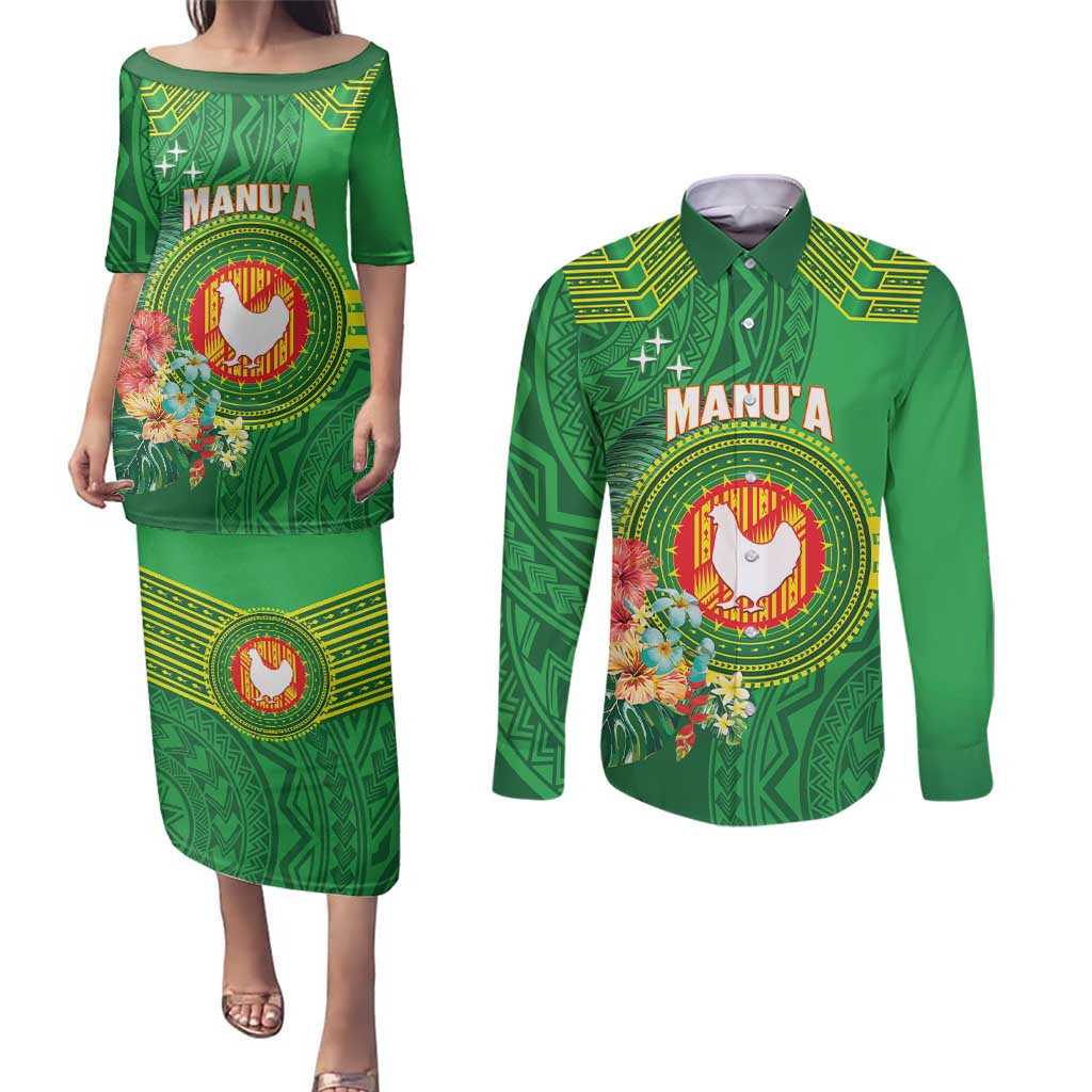 Personalized Manu'a Cession Day Couples Matching Puletasi and Long Sleeve Button Shirt Tropical Flowers With Polynesian Pattern LT14 Green - Polynesian Pride