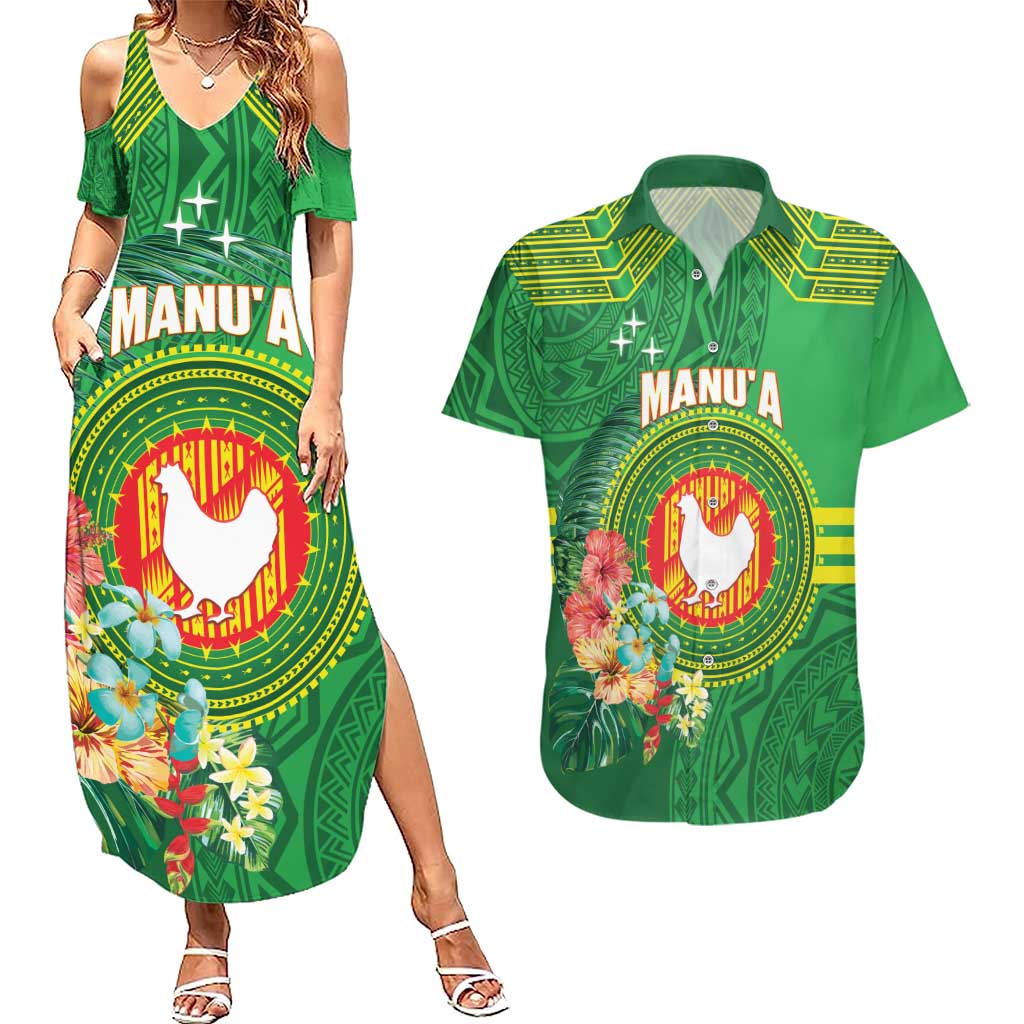 Personalized Manu'a Cession Day Couples Matching Summer Maxi Dress and Hawaiian Shirt Tropical Flowers With Polynesian Pattern