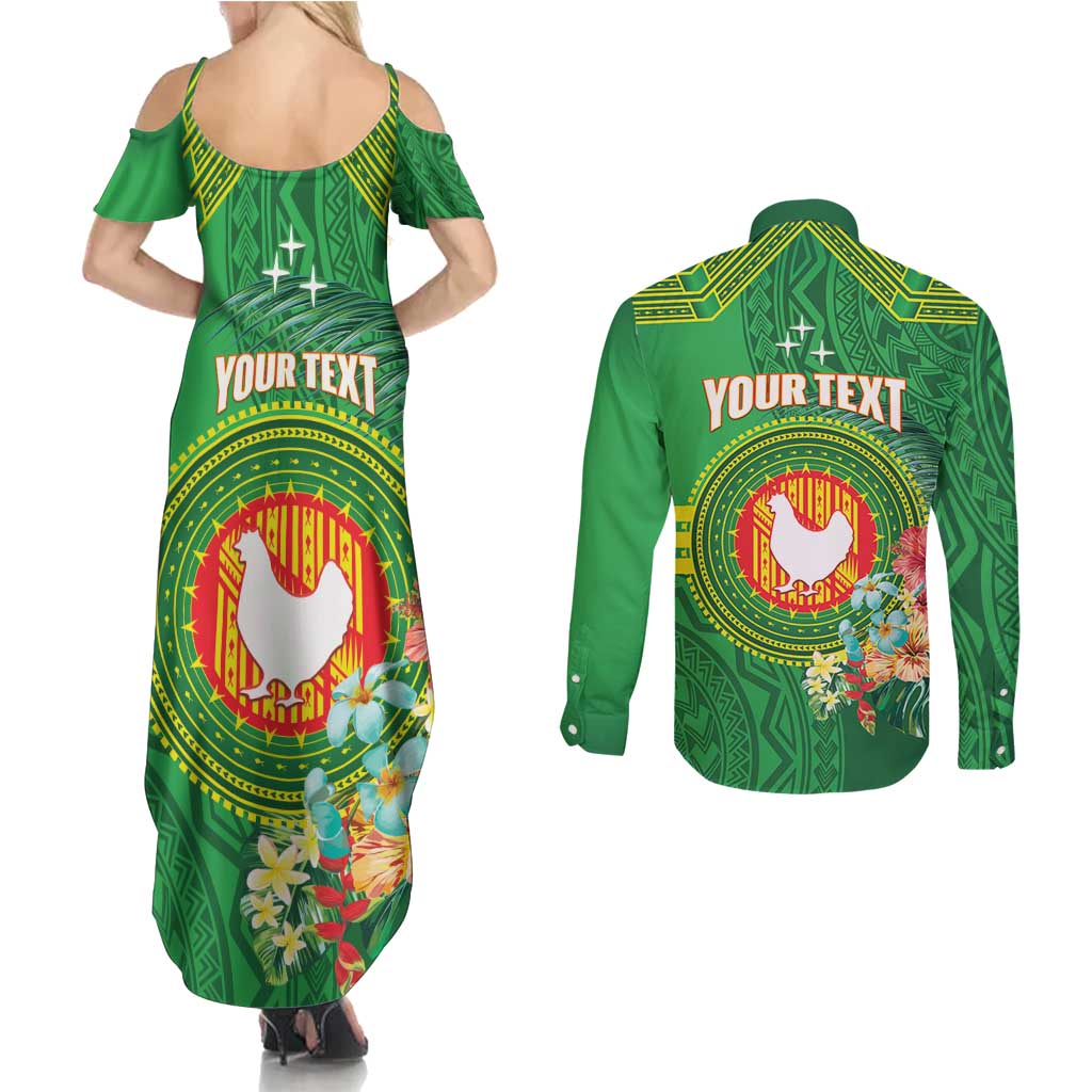 Personalized Manu'a Cession Day Couples Matching Summer Maxi Dress and Long Sleeve Button Shirt Tropical Flowers With Polynesian Pattern