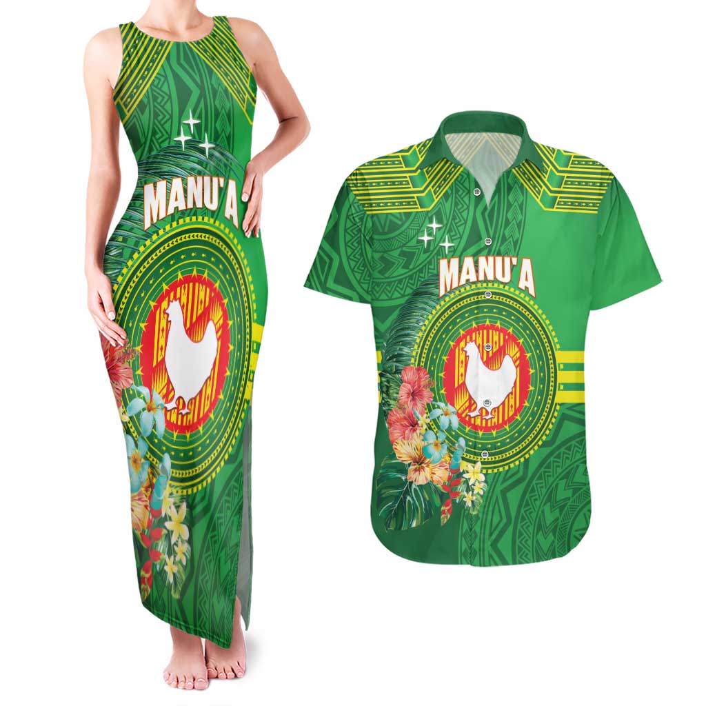 Personalized Manu'a Cession Day Couples Matching Tank Maxi Dress and Hawaiian Shirt Tropical Flowers With Polynesian Pattern