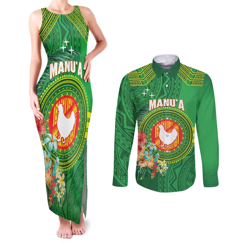 Personalized Manu'a Cession Day Couples Matching Tank Maxi Dress and Long Sleeve Button Shirt Tropical Flowers With Polynesian Pattern
