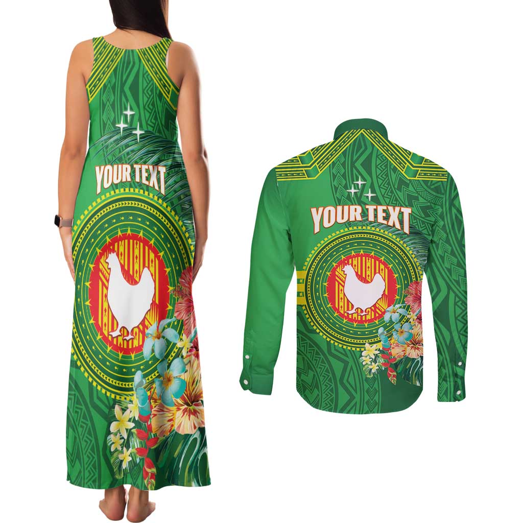 Personalized Manu'a Cession Day Couples Matching Tank Maxi Dress and Long Sleeve Button Shirt Tropical Flowers With Polynesian Pattern