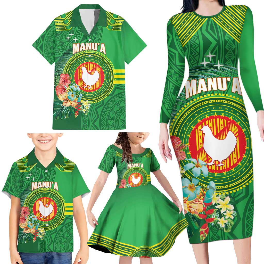 Personalized Manu'a Cession Day Family Matching Long Sleeve Bodycon Dress and Hawaiian Shirt Tropical Flowers With Polynesian Pattern