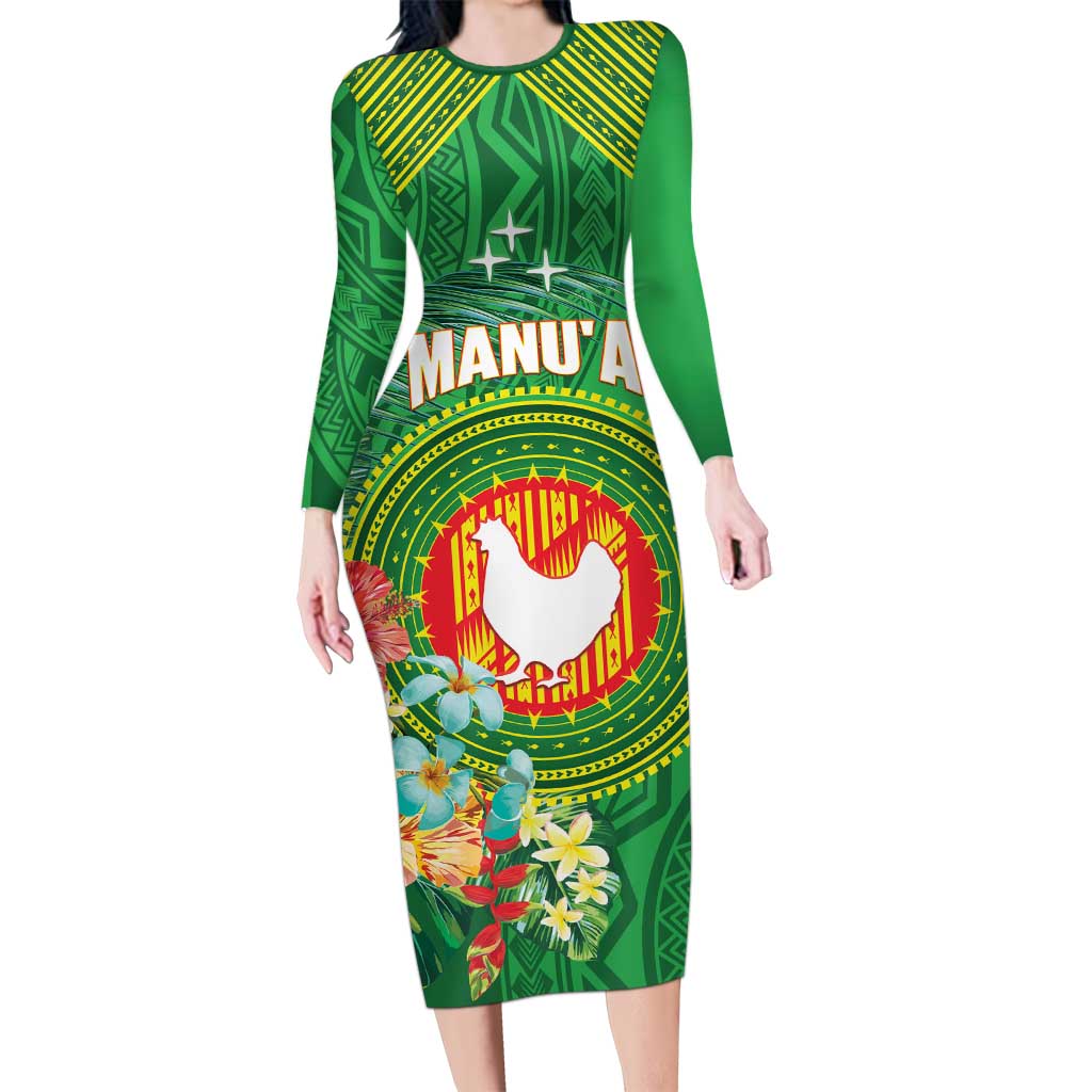 Personalized Manu'a Cession Day Family Matching Long Sleeve Bodycon Dress and Hawaiian Shirt Tropical Flowers With Polynesian Pattern