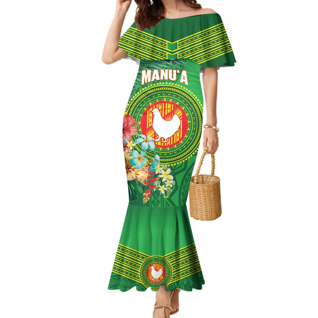 Personalized Manu'a Cession Day Family Matching Mermaid Dress and Hawaiian Shirt Tropical Flowers With Polynesian Pattern