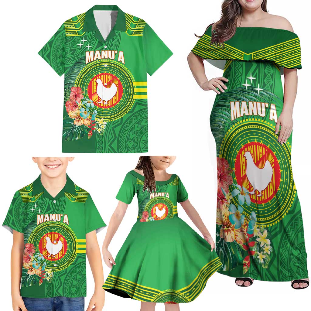 Personalized Manu'a Cession Day Family Matching Off Shoulder Maxi Dress and Hawaiian Shirt Tropical Flowers With Polynesian Pattern
