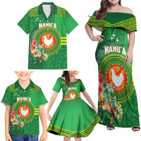 Personalized Manu'a Cession Day Family Matching Off Shoulder Maxi Dress and Hawaiian Shirt Tropical Flowers With Polynesian Pattern