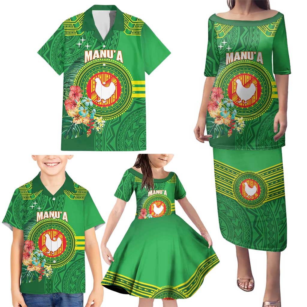 Personalized Manu'a Cession Day Family Matching Puletasi and Hawaiian Shirt Tropical Flowers With Polynesian Pattern
