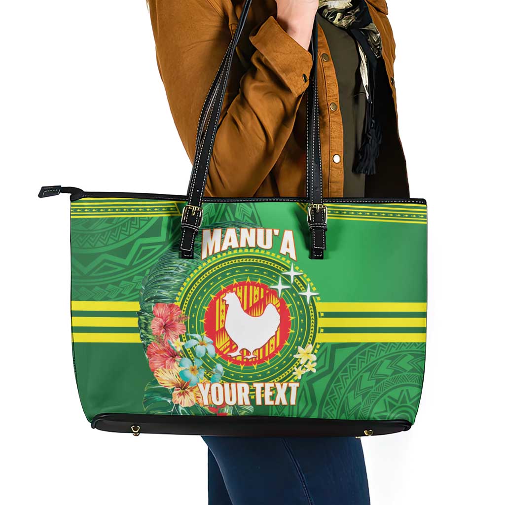Personalized Manu'a Cession Day Leather Tote Bag Tropical Flowers With Polynesian Pattern