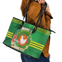 Personalized Manu'a Cession Day Leather Tote Bag Tropical Flowers With Polynesian Pattern
