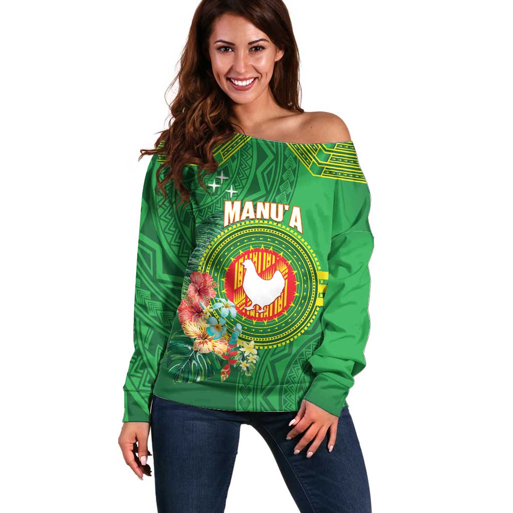 Personalized Manu'a Cession Day Off Shoulder Sweater Tropical Flowers With Polynesian Pattern