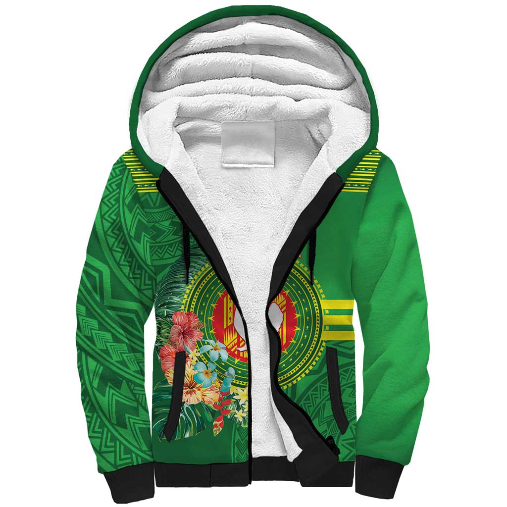 Personalized Manu'a Cession Day Sherpa Hoodie Tropical Flowers With Polynesian Pattern
