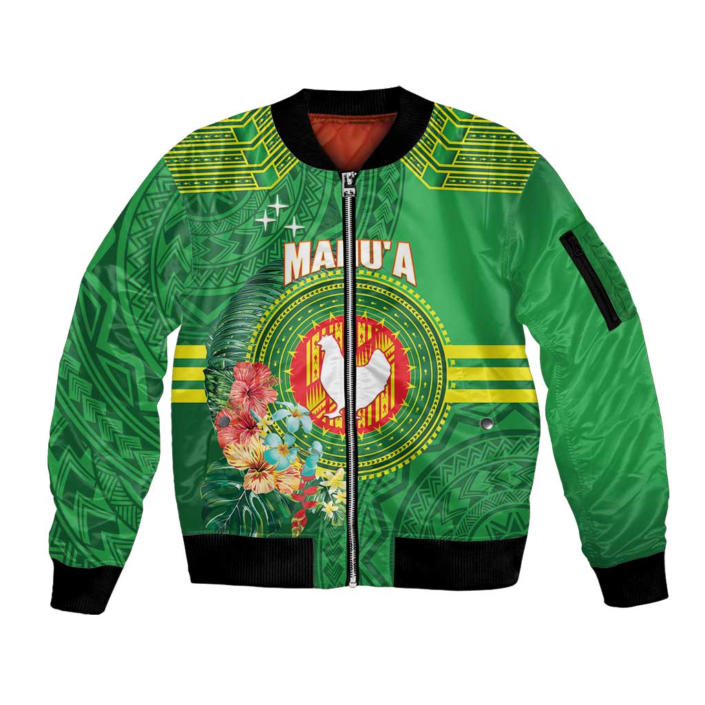 Personalized Manu'a Cession Day Sleeve Zip Bomber Jacket Tropical Flowers With Polynesian Pattern