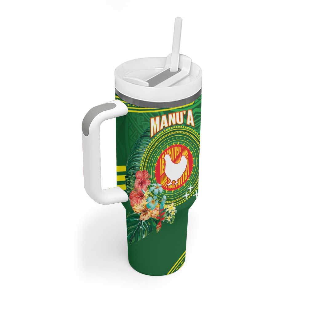 Personalized Manu'a Cession Day Tumbler With Handle Tropical Flowers With Polynesian Pattern