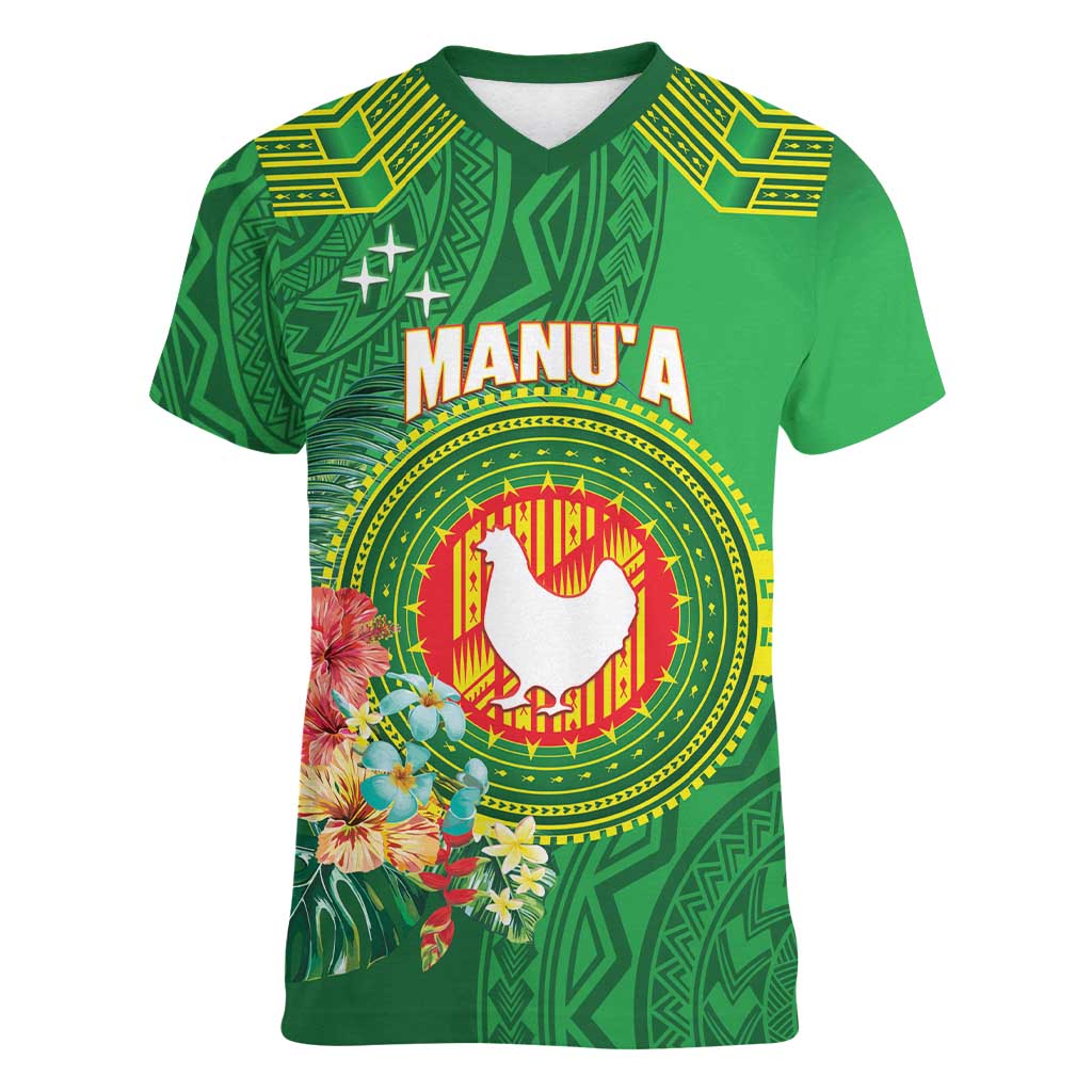 Personalized Manu'a Cession Day Women V-Neck T-Shirt Tropical Flowers With Polynesian Pattern LT14 Female Green - Polynesian Pride