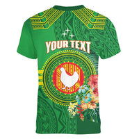 Personalized Manu'a Cession Day Women V-Neck T-Shirt Tropical Flowers With Polynesian Pattern LT14 - Polynesian Pride