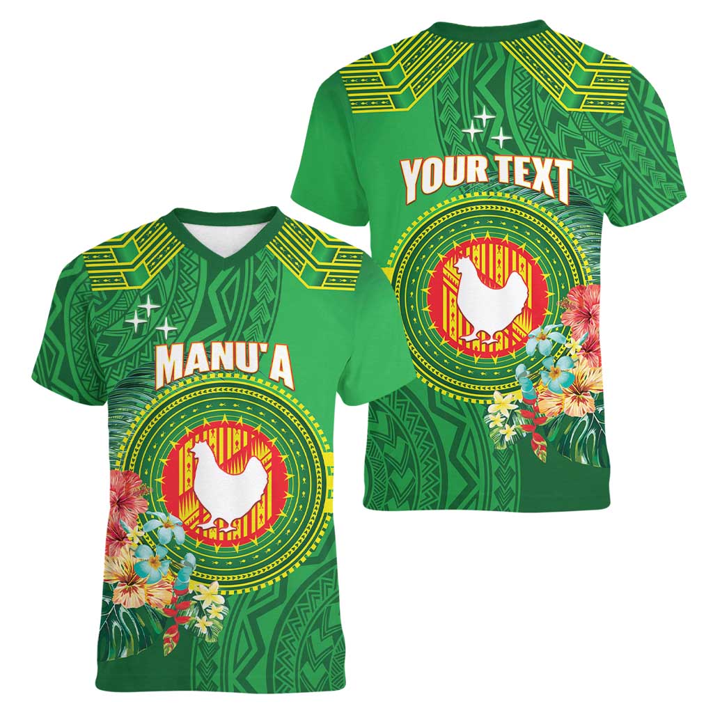 Personalized Manu'a Cession Day Women V-Neck T-Shirt Tropical Flowers With Polynesian Pattern LT14 - Polynesian Pride