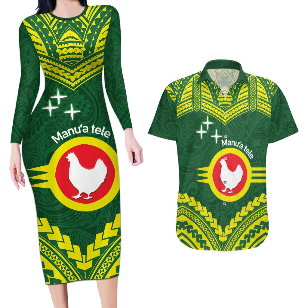 Manu'a Flag Day Couples Matching Long Sleeve Bodycon Dress and Hawaiian Shirt Polynesian Pattern National Color Proud