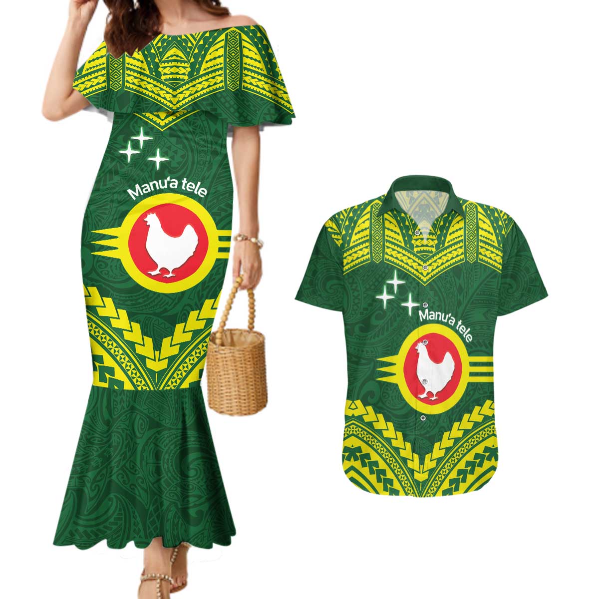 Manu'a Flag Day Couples Matching Mermaid Dress and Hawaiian Shirt Polynesian Pattern National Color Proud