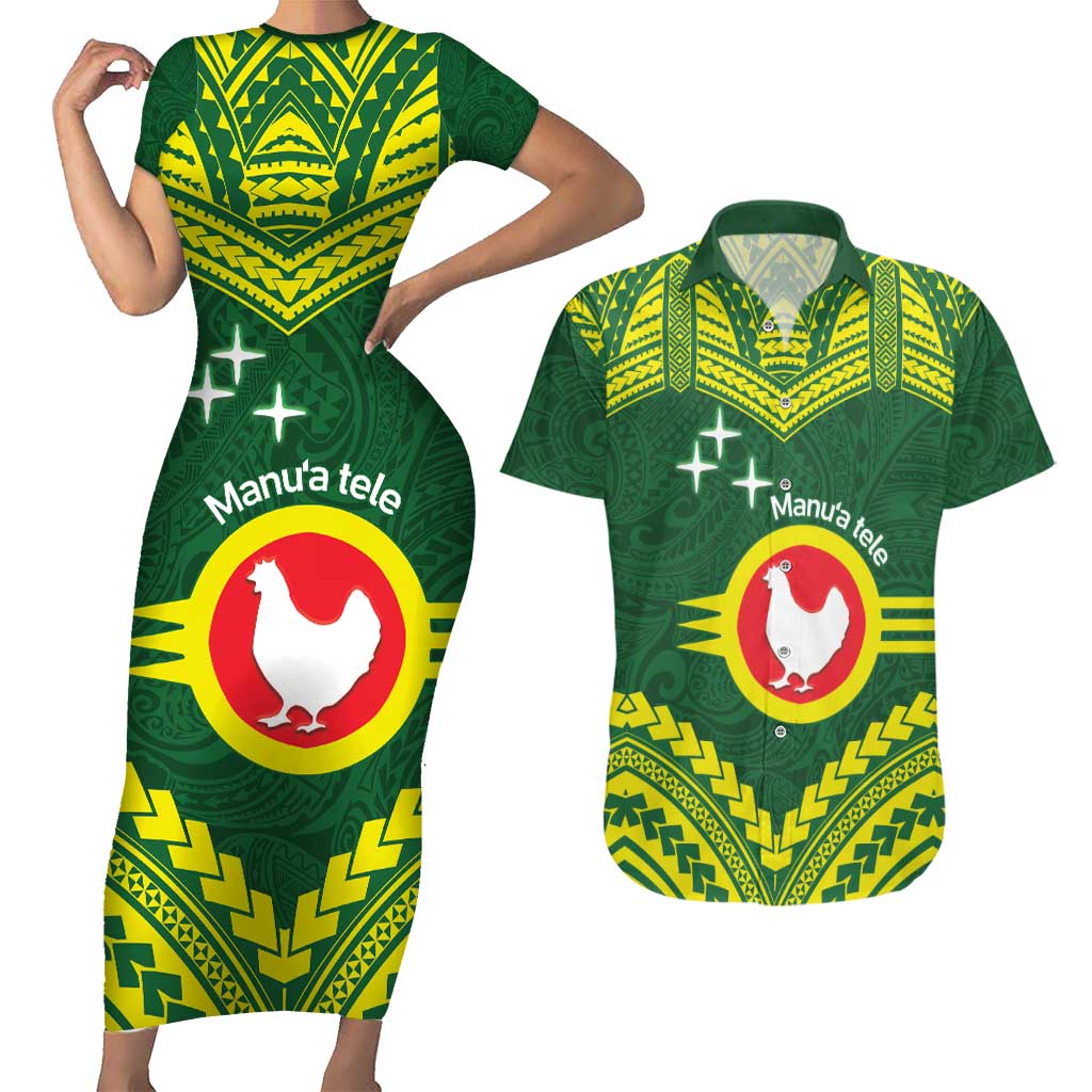 Manu'a Flag Day Couples Matching Short Sleeve Bodycon Dress and Hawaiian Shirt Polynesian Pattern National Color Proud