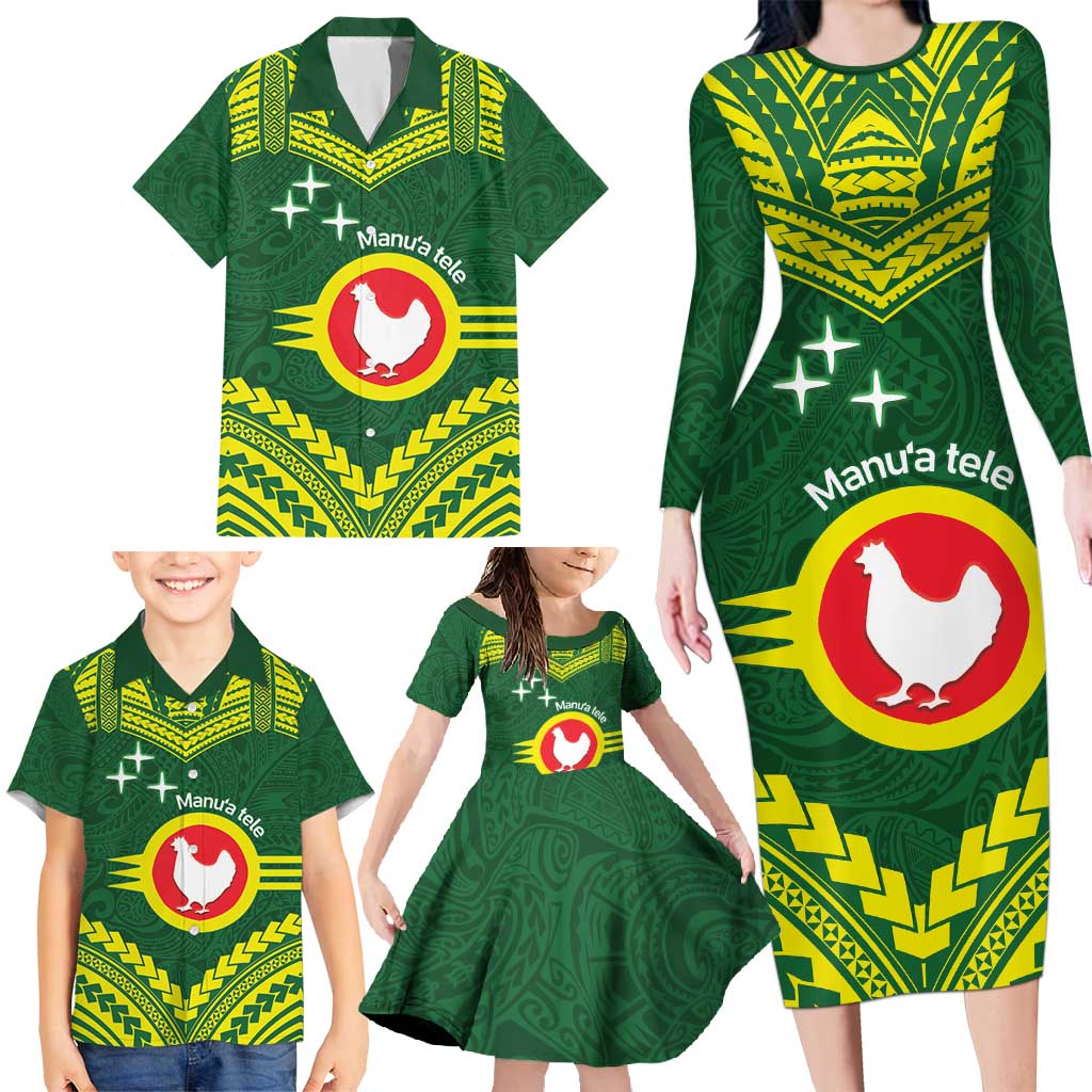 Manu'a Flag Day Family Matching Long Sleeve Bodycon Dress and Hawaiian Shirt Polynesian Pattern National Color Proud